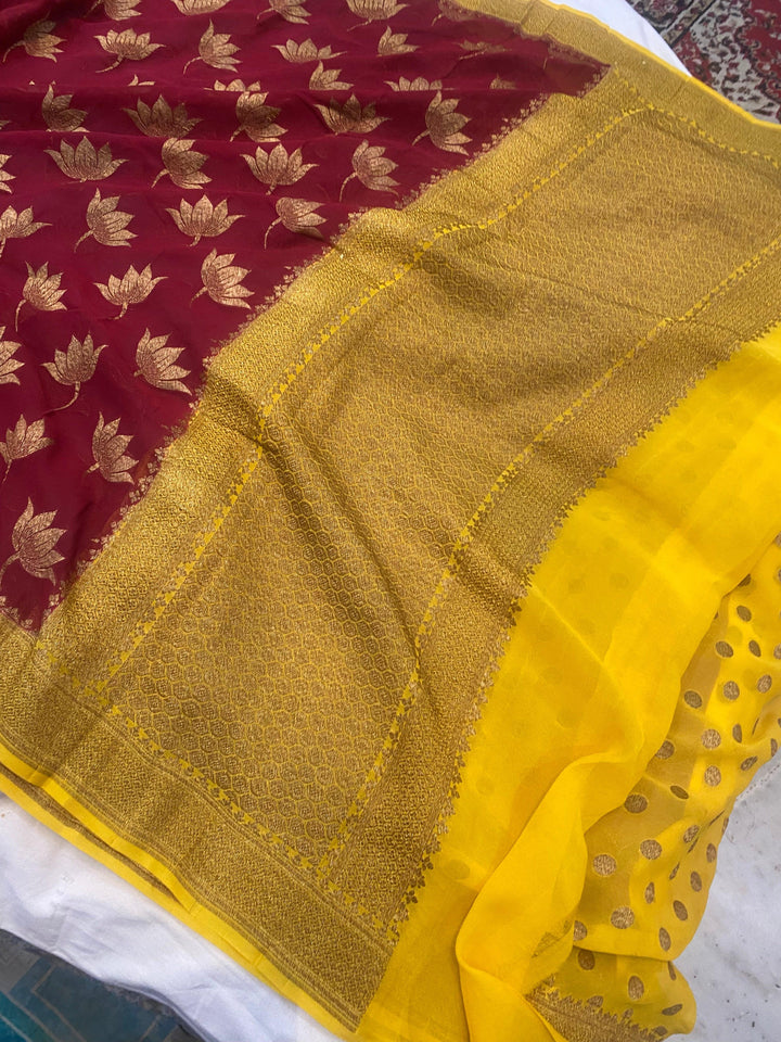 Maroon Banarasi Handloom Pure Khaddi Georgette Silk Saree- Aura Benaras