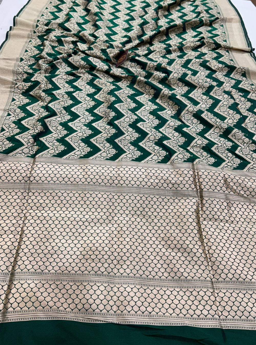 Bottle Green Pure Banarasi Handloom Katan Silk Saree - Aura Benaras