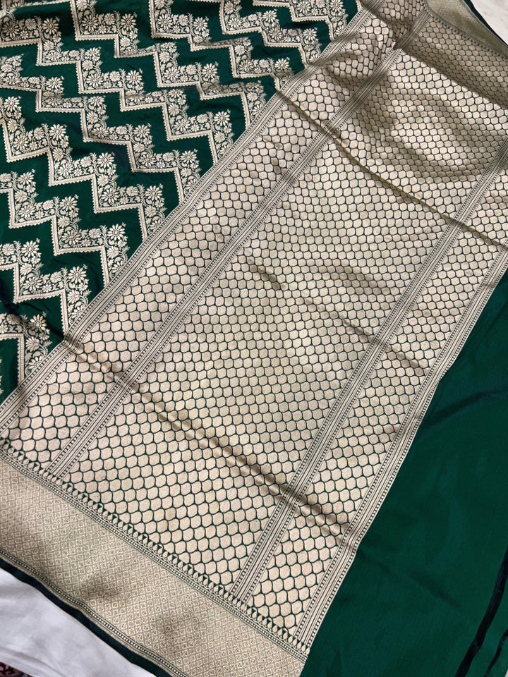 Bottle Green Pure Banarasi Handloom Katan Silk Saree - Aura Benaras