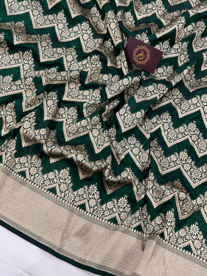 Bottle Green Pure Banarasi Handloom Katan Silk Saree - Aura Benaras