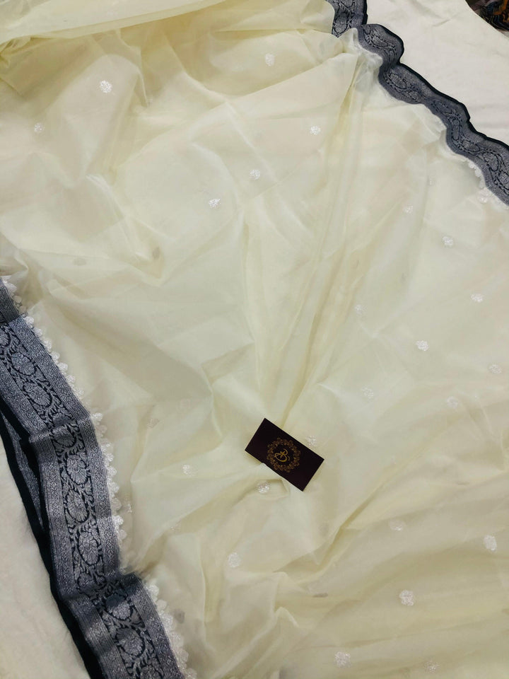 Off White Khaddi Chiffon Banarasi Handloom Saree - Aura Benaras