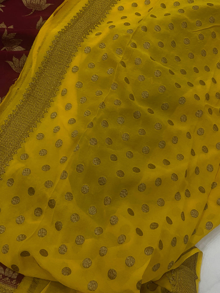 Maroon Banarasi Handloom Pure Khaddi Georgette Silk Saree- Aura Benaras