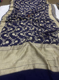 Navy Blue Banarasi Handloom Pure Khaddi Georgette Silk Saree- Aura Benaras