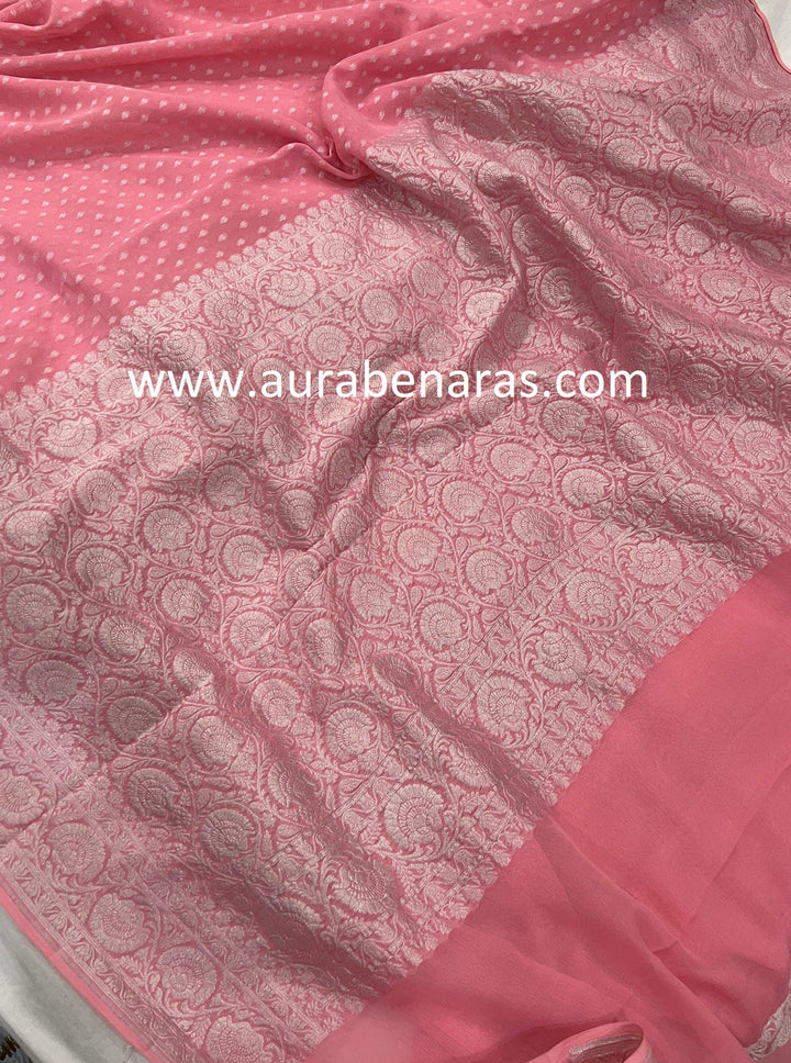 Pink Banarasi Handloom Pure Khaddi Georgette Saree - Aura Benaras