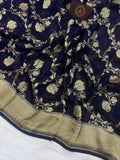 Navy Blue Banarasi Handloom Pure Khaddi Georgette Silk Saree- Aura Benaras