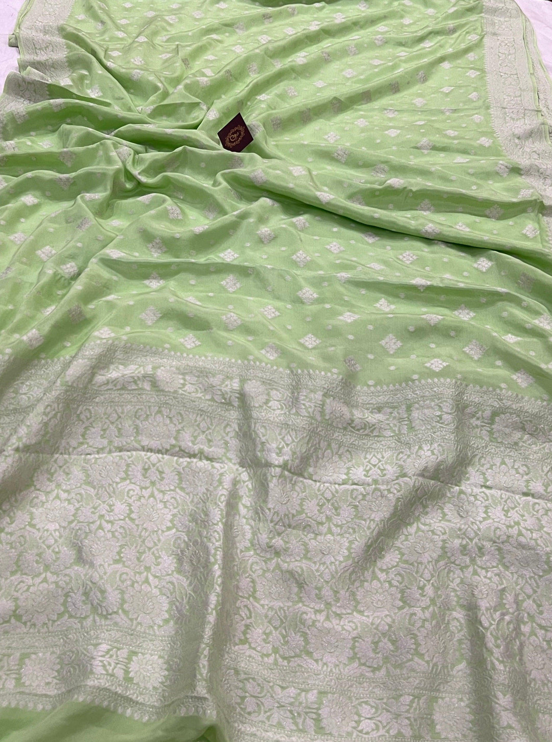 Pista Green Pure Banarasi Khaddi Crepe Silk Saree - Aura Benaras