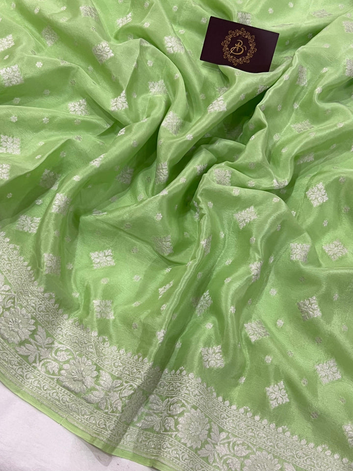 Pista Green Pure Banarasi Khaddi Crepe Silk Saree - Aura Benaras