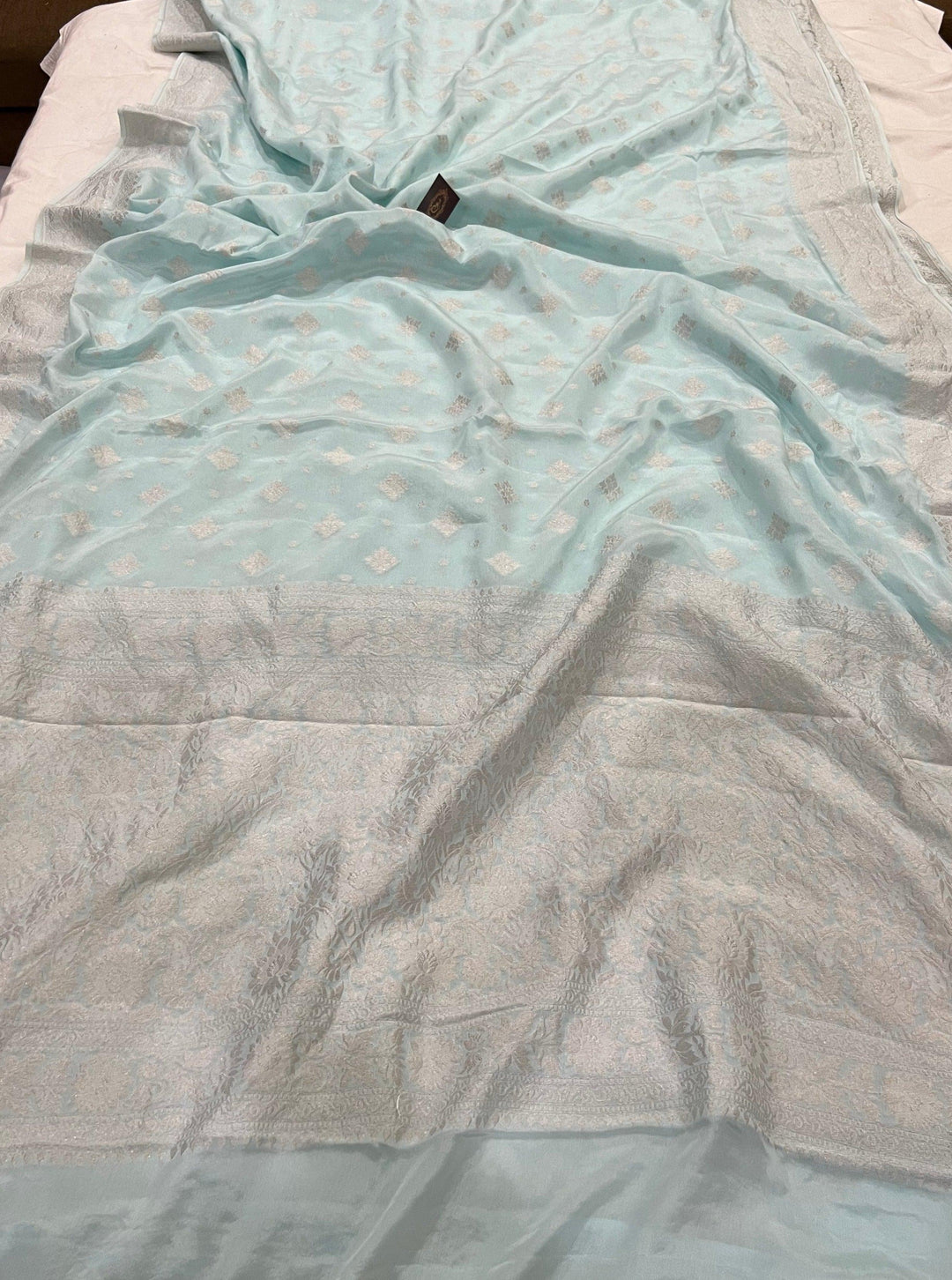 Pale Blue Pure Banarasi Khaddi Crepe Silk Saree - Aura Benaras