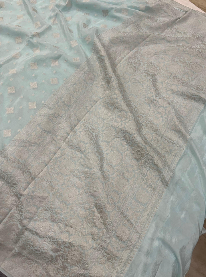 Pale Blue Pure Banarasi Khaddi Crepe Silk Saree - Aura Benaras