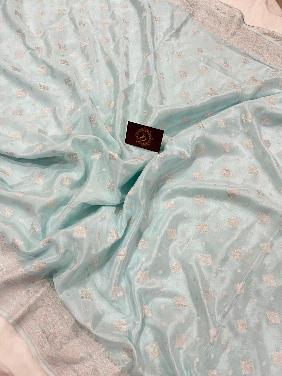 Pale Blue Pure Banarasi Khaddi Crepe Silk Saree - Aura Benaras