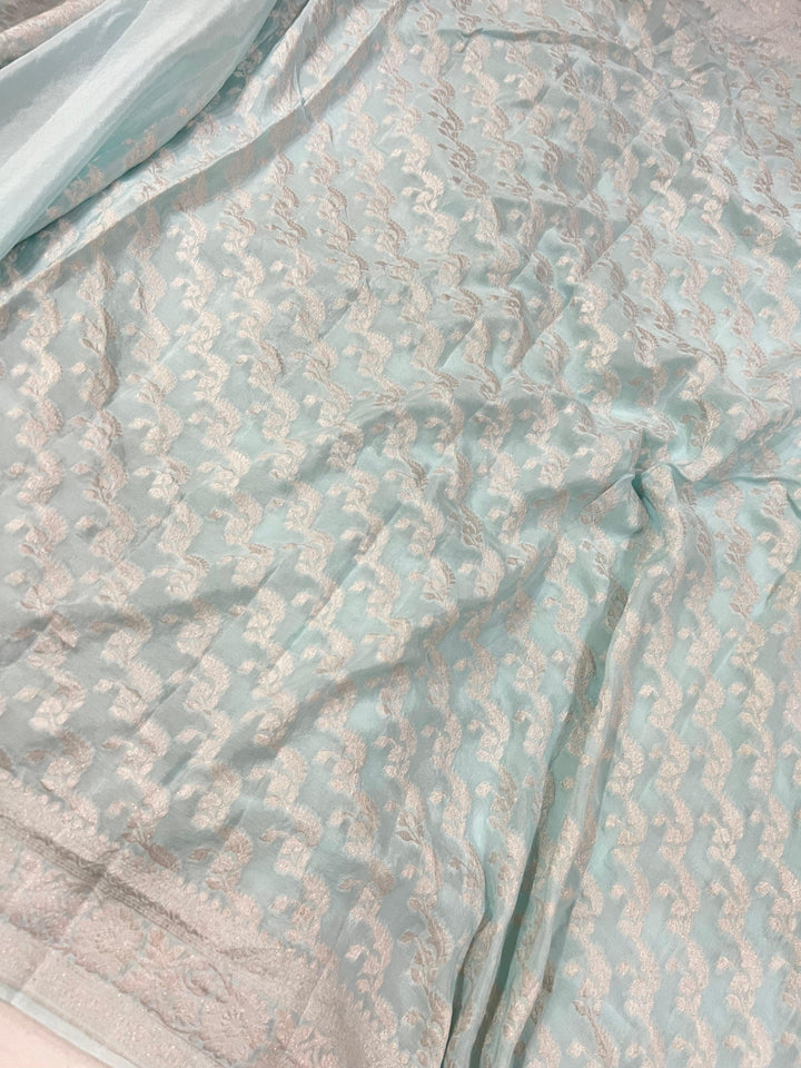 Pale Blue Pure Banarasi Khaddi Crepe Silk Saree - Aura Benaras