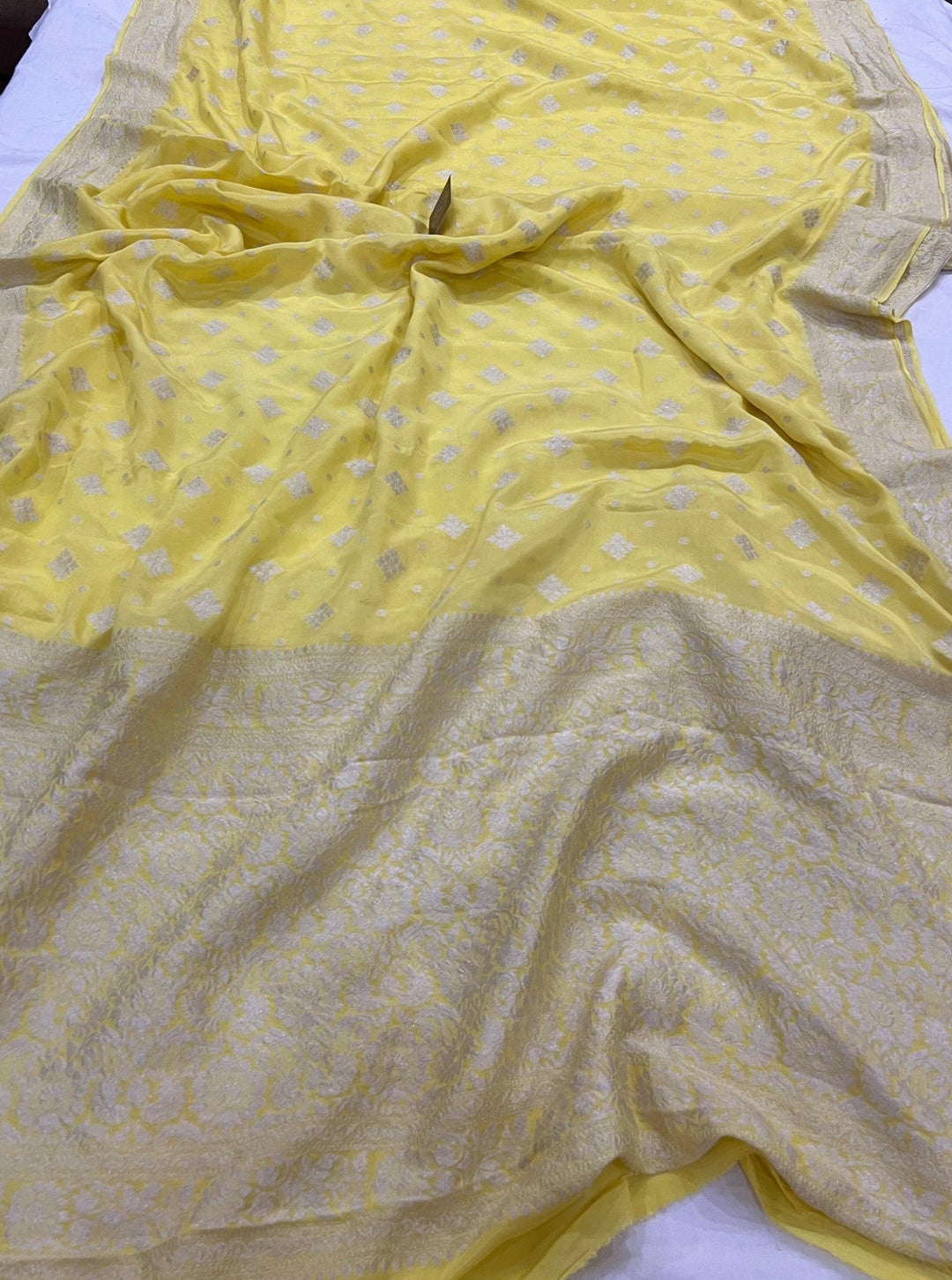 Pastel Yellow Pure Banarasi Khaddi Crepe Silk Saree - Aura Benaras