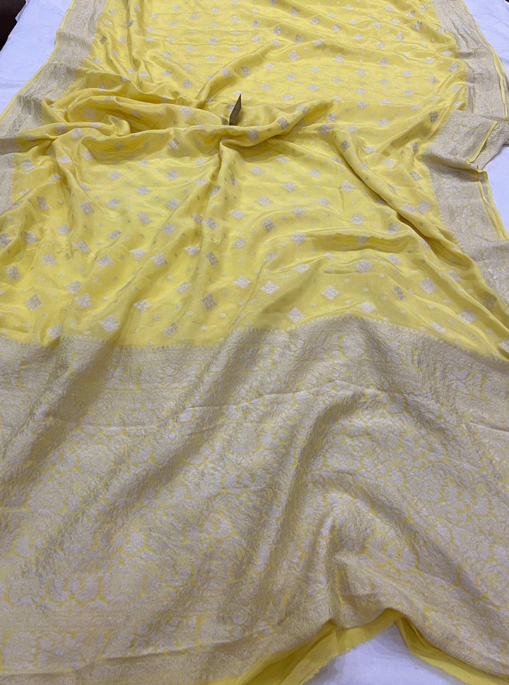 Pastel Yellow Pure Banarasi Khaddi Crepe Silk Saree - Aura Benaras
