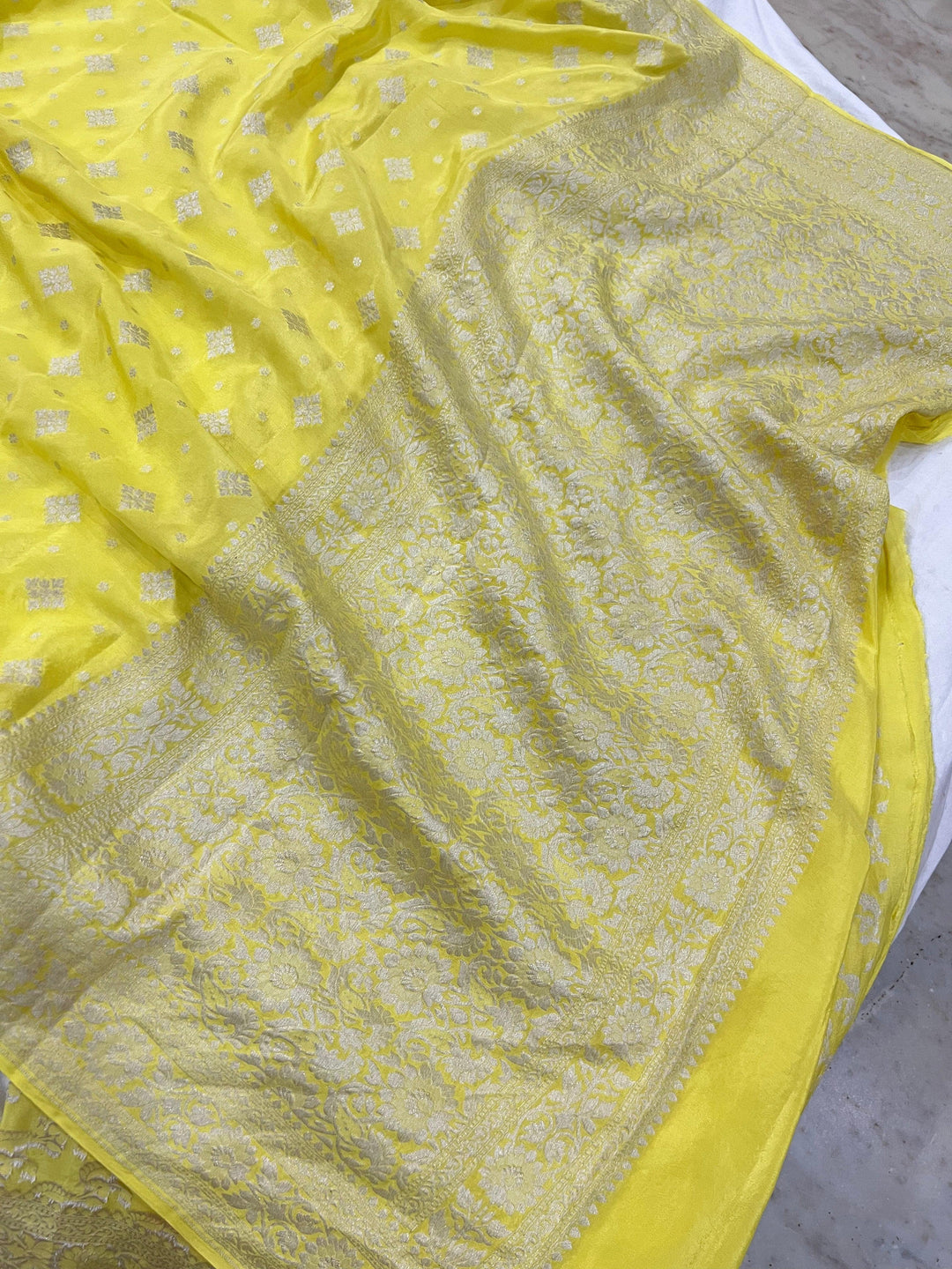 Pastel Yellow Pure Banarasi Khaddi Crepe Silk Saree - Aura Benaras