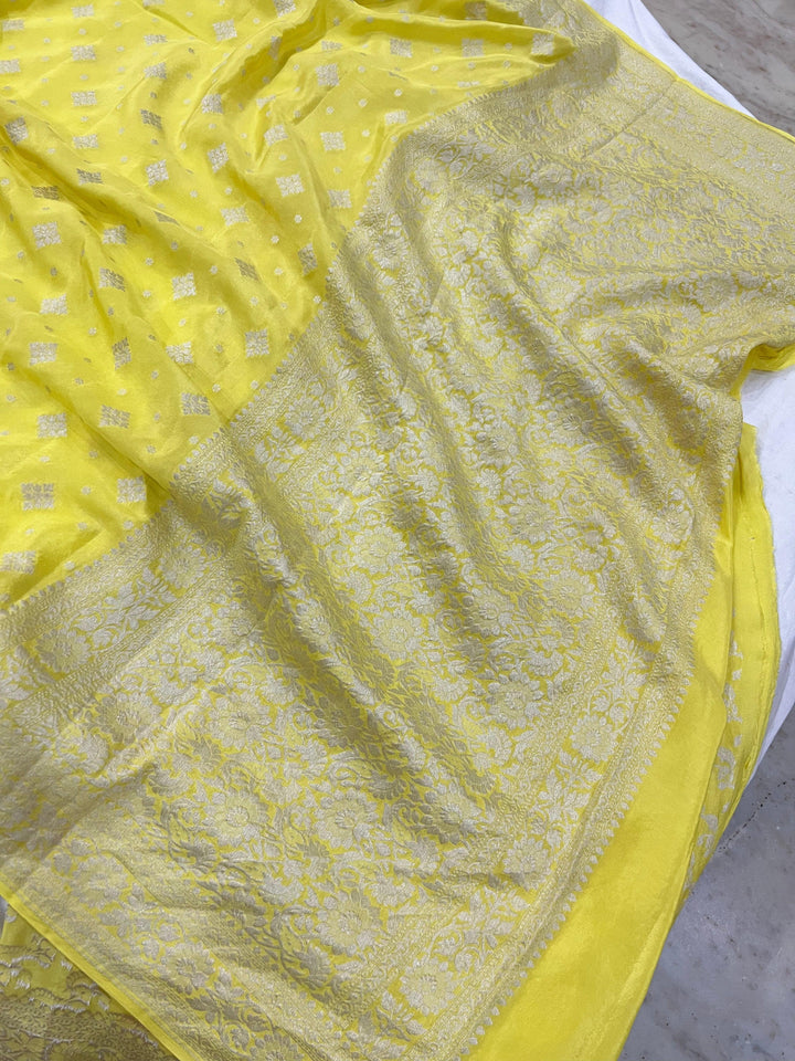 Pastel Yellow Pure Banarasi Khaddi Crepe Silk Saree - Aura Benaras