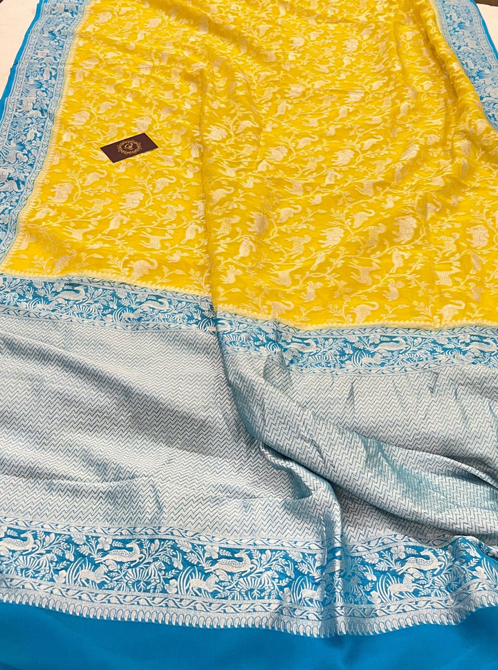 Yellow Banarasi Khaddi Georgette Saree - Aura Benaras