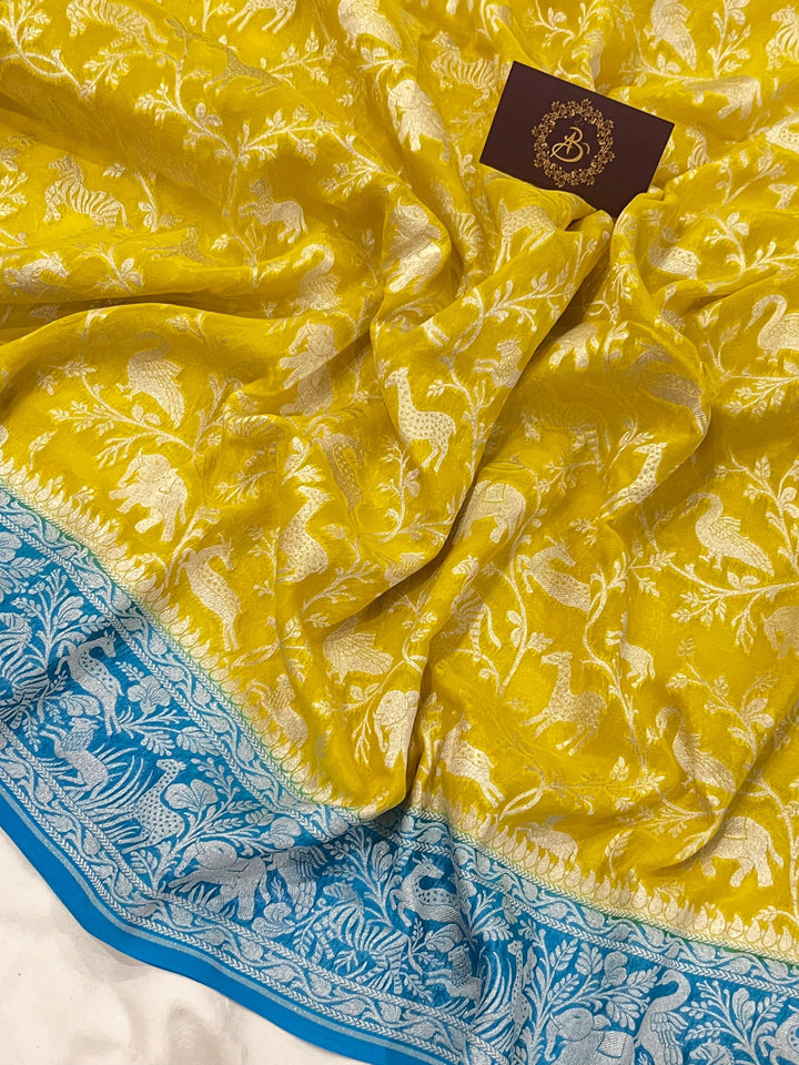 Yellow Banarasi Khaddi Georgette Saree - Aura Benaras