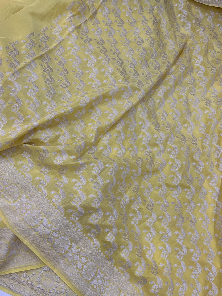 Pastel Yellow Pure Banarasi Khaddi Crepe Silk Saree - Aura Benaras