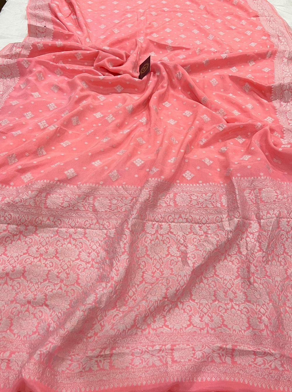 Peachish Pink Pure Banarasi Khaddi Crepe Silk Saree - Aura Benaras