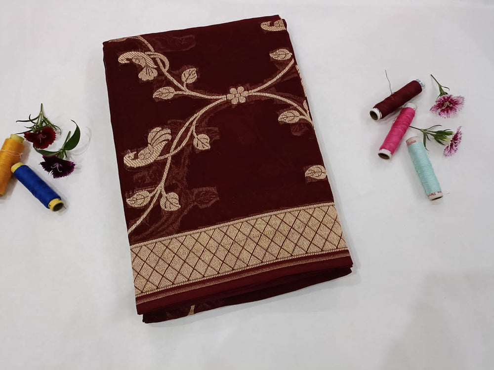 Maroon Pure Banarasi Handloom Georgette Dupatta - Aura Benaras