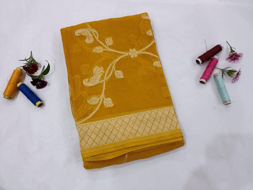 Yellow Pure Banarasi Handloom Georgette Dupatta - Aura Benaras