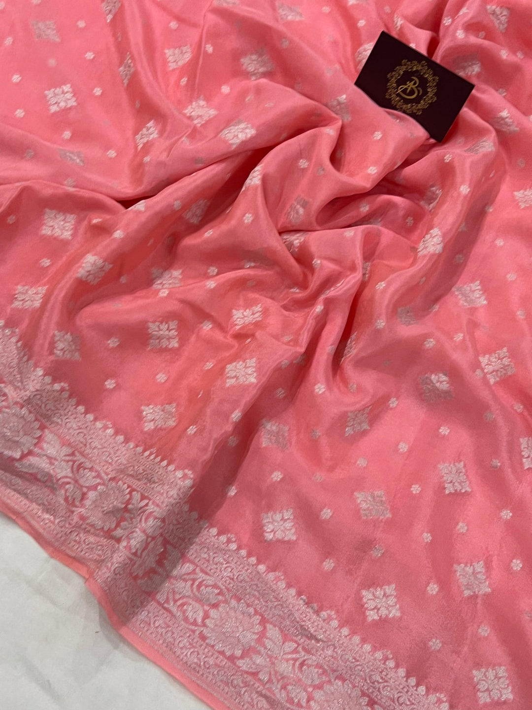 Peachish Pink Pure Banarasi Khaddi Crepe Silk Saree - Aura Benaras