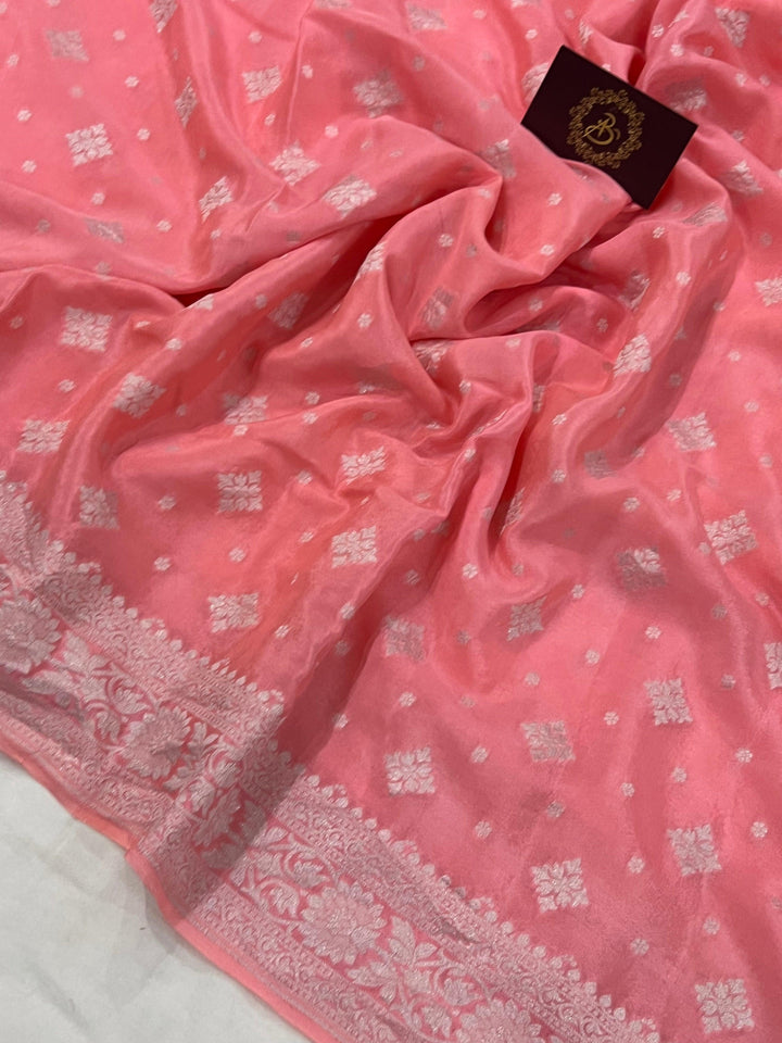 Peachish Pink Pure Banarasi Khaddi Crepe Silk Saree - Aura Benaras