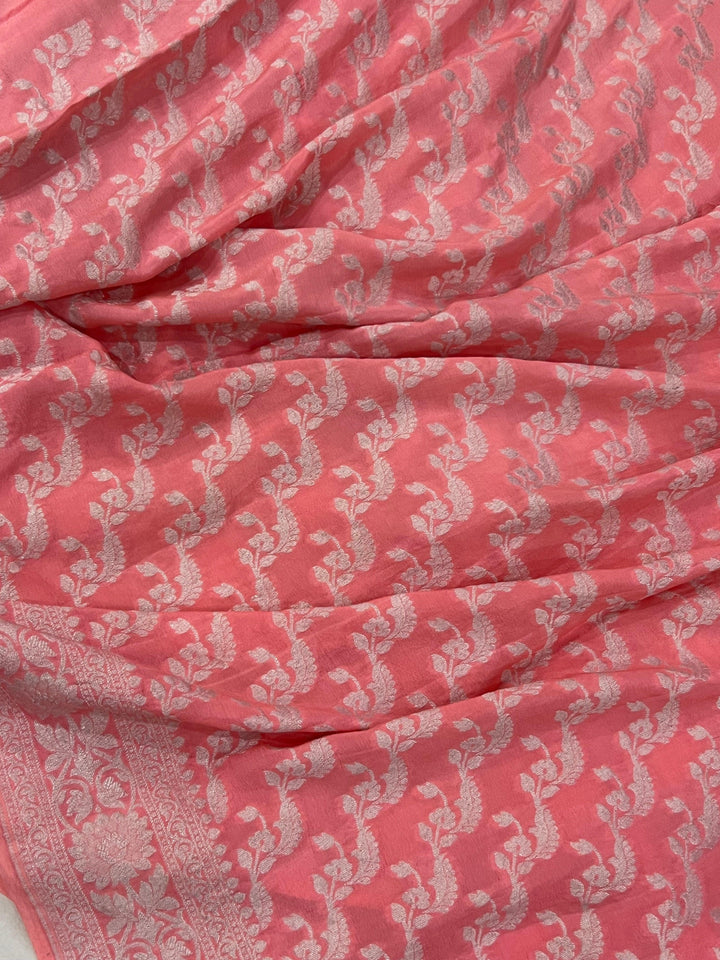 Peachish Pink Pure Banarasi Khaddi Crepe Silk Saree - Aura Benaras