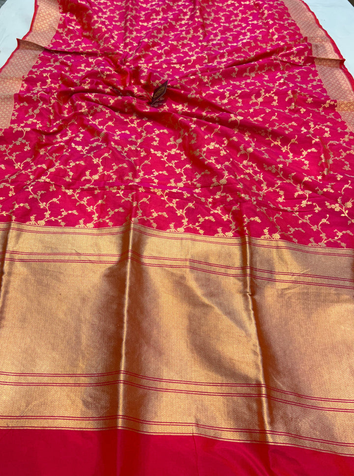 Orangish Pink Pure Banarasi Handloom Katan Silk Saree - Aura Benaras