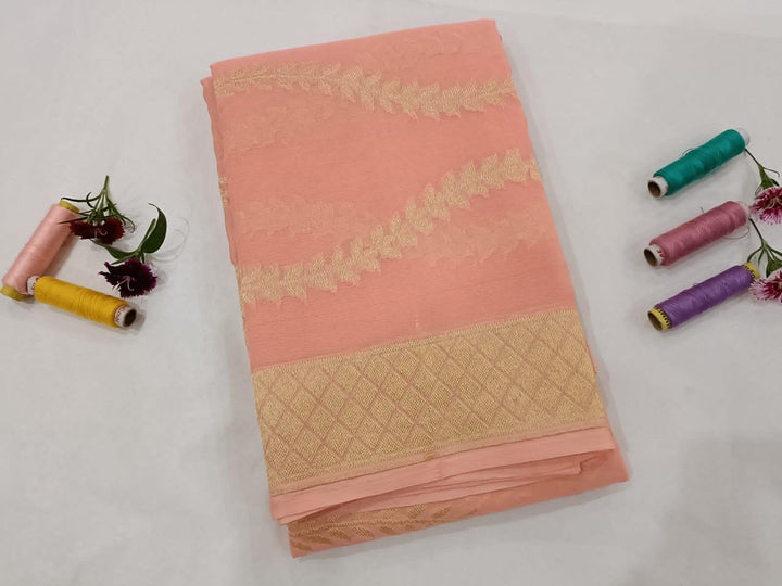 Peach Pure Banarasi Handloom Georgette Dupatta - Aura Benaras