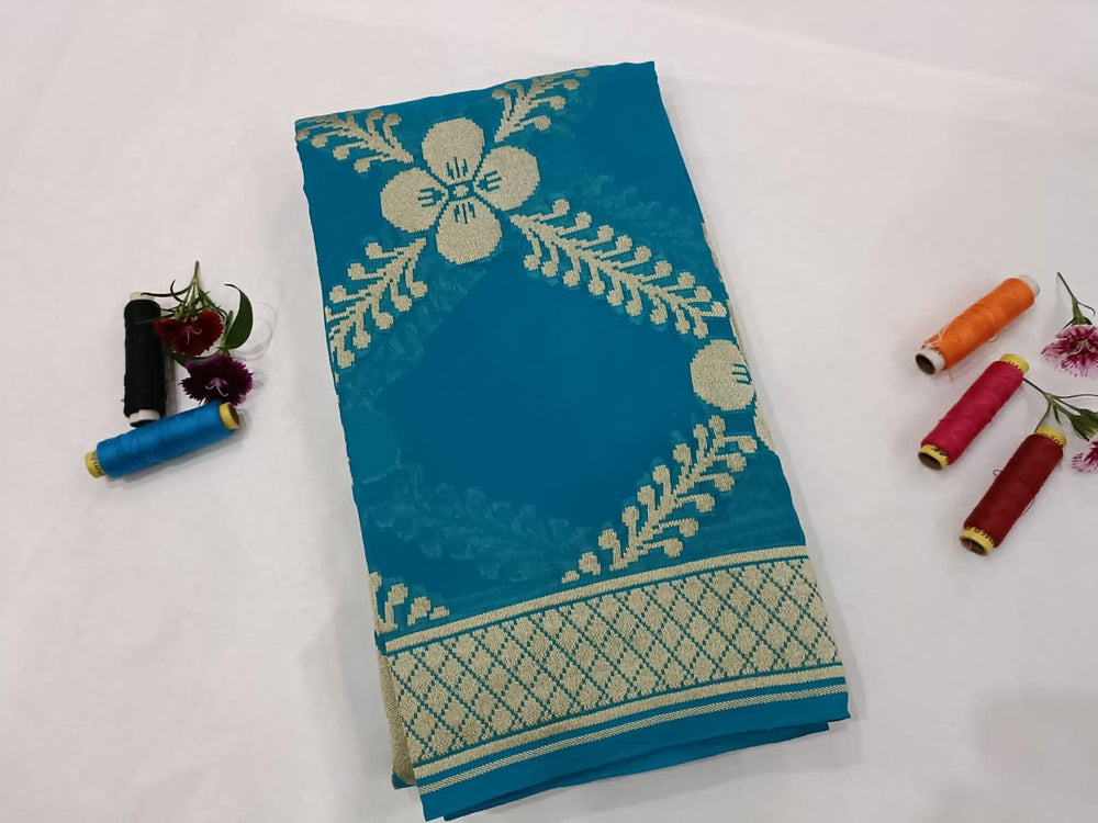 Teal Blue Pure Banarasi Handloom Georgette Dupatta - Aura Benaras