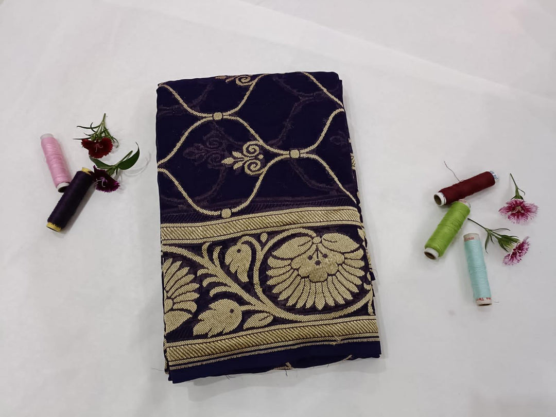 Navy Blue Pure Banarasi Handloom Georgette Dupatta - Aura Benaras