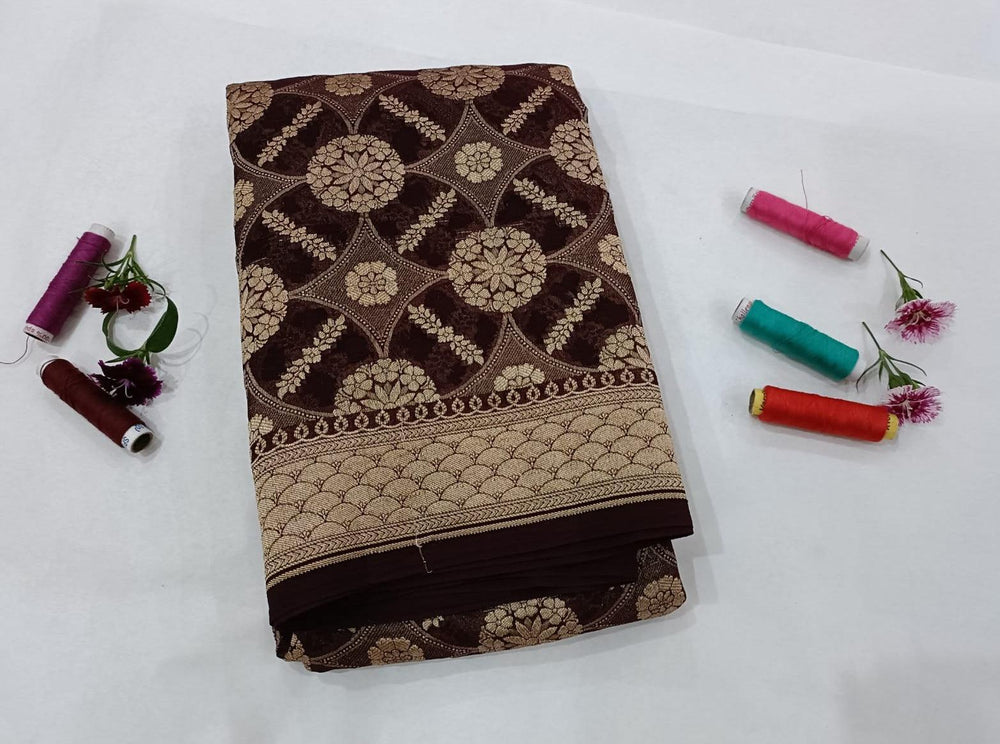 Coffee Brown Pure Banarasi Handloom Georgette Dupatta - Aura Benaras