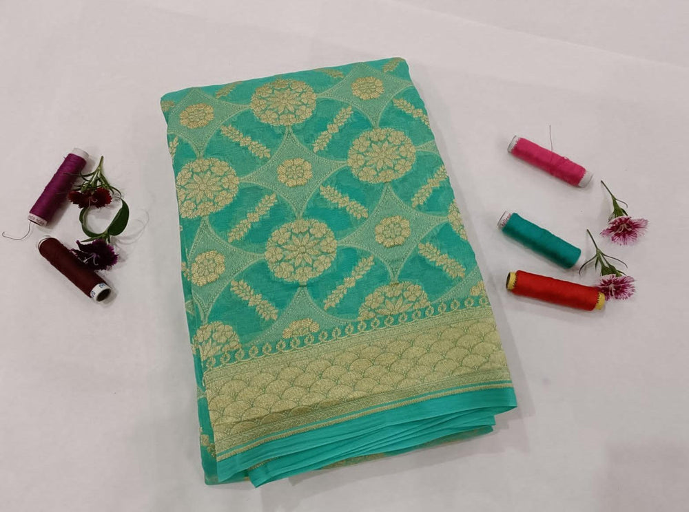 Sea Green Pure Banarasi Handloom Georgette Dupatta - Aura Benaras