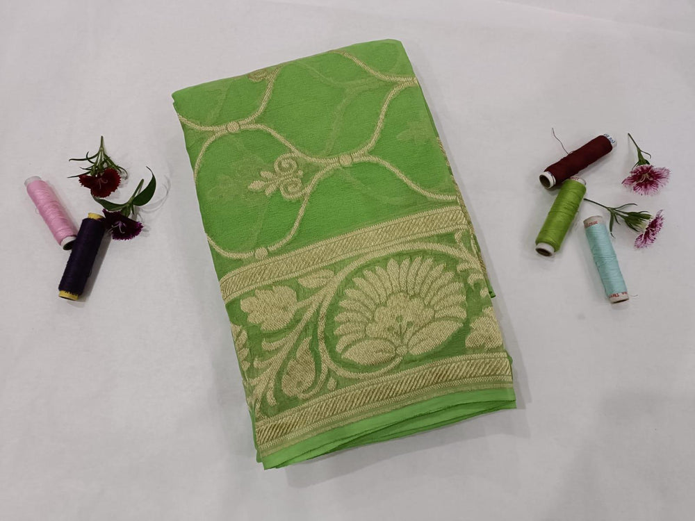 Pista Green Pure Banarasi Handloom Georgette Dupatta - Aura Benaras