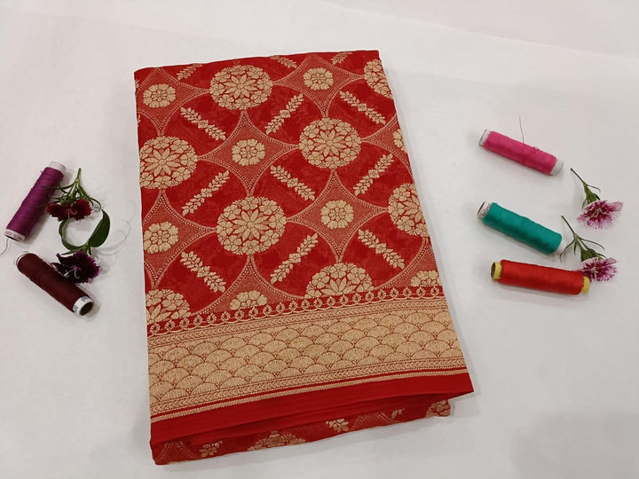 Red Pure Banarasi Handloom Georgette Dupatta - Aura Benaras