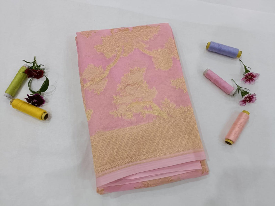 Baby Pink Pure Banarasi Handloom Georgette Dupatta - Aura Benaras