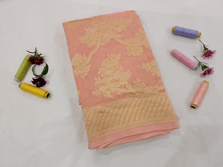 Peach Pure Banarasi Handloom Georgette Dupatta - Aura Benaras