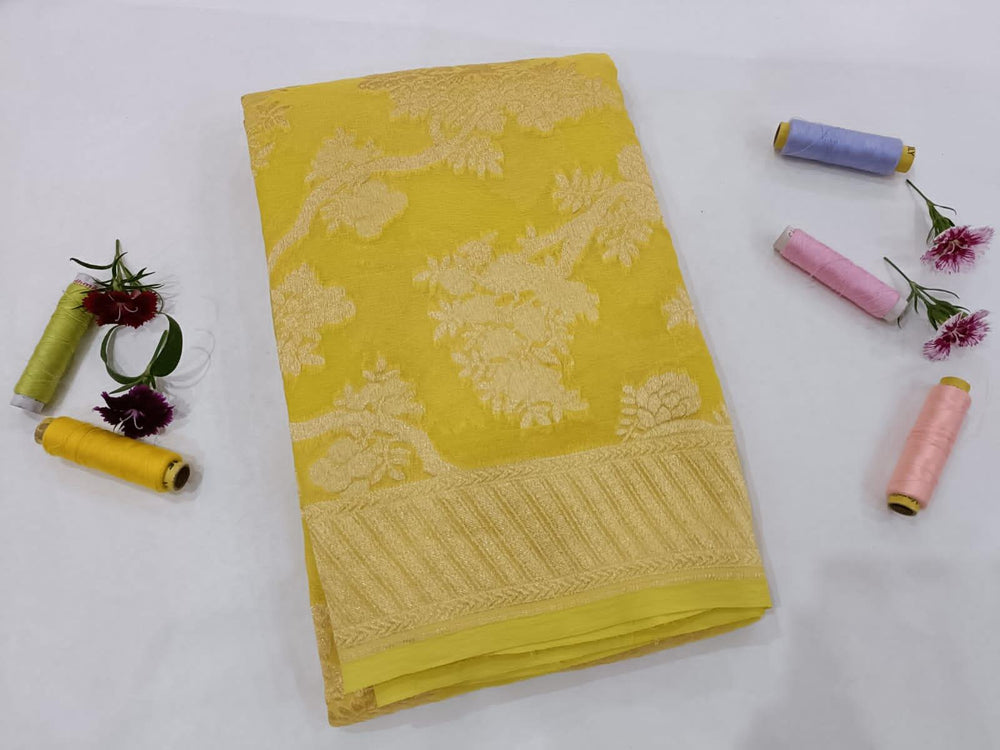 Yellow Pure Banarasi Handloom Georgette Dupatta - Aura Benaras
