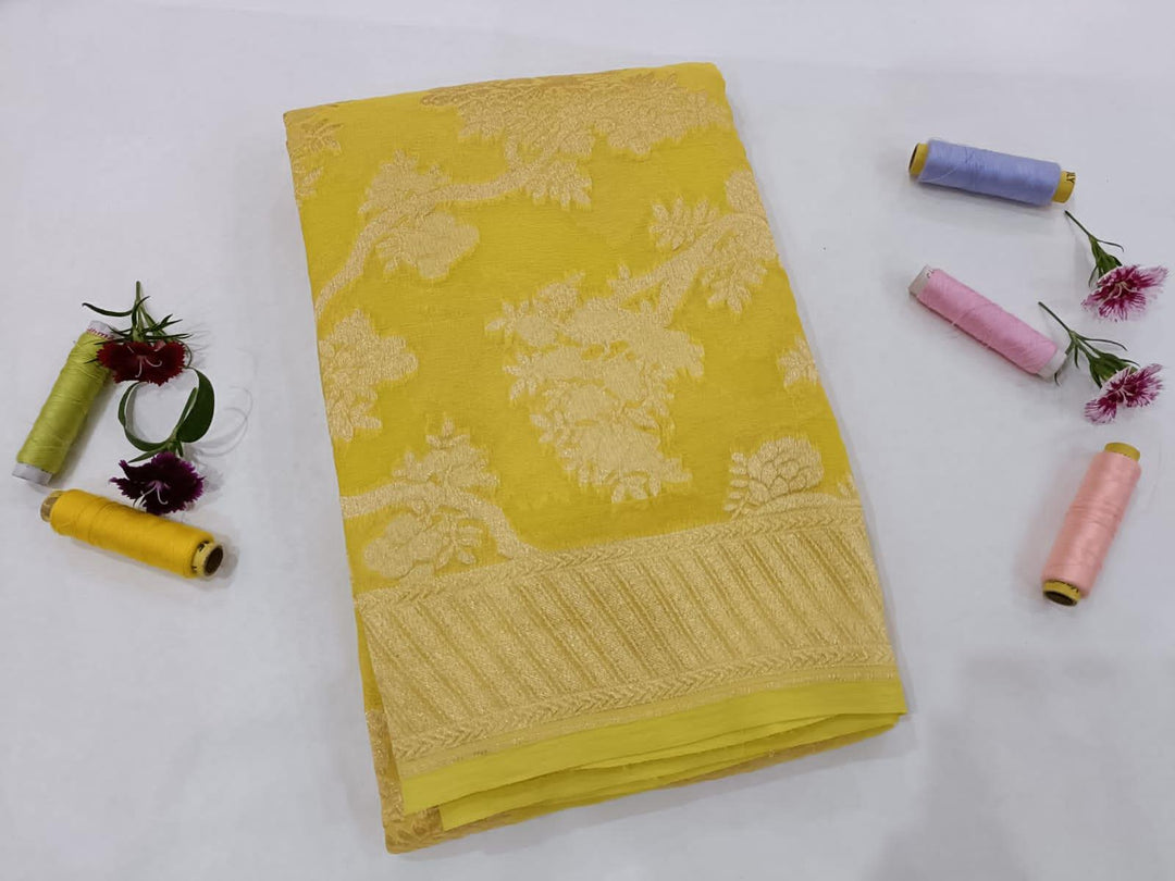 Yellow Pure Banarasi Handloom Georgette Dupatta - Aura Benaras