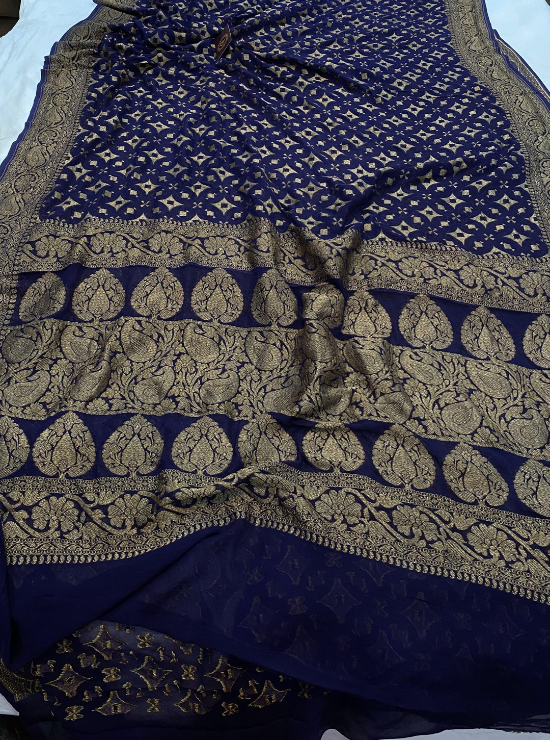 Navy Blue Pure Banarasi Khaddi Georgette Saree - Aura Benaras