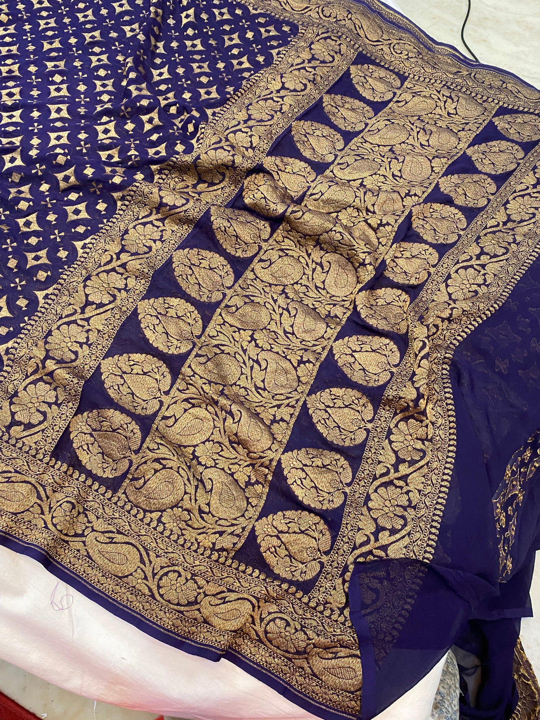 Navy Blue Pure Banarasi Khaddi Georgette Saree - Aura Benaras