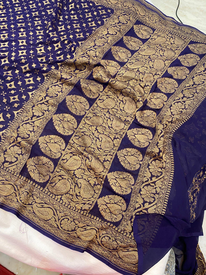 Navy Blue Pure Banarasi Khaddi Georgette Saree - Aura Benaras