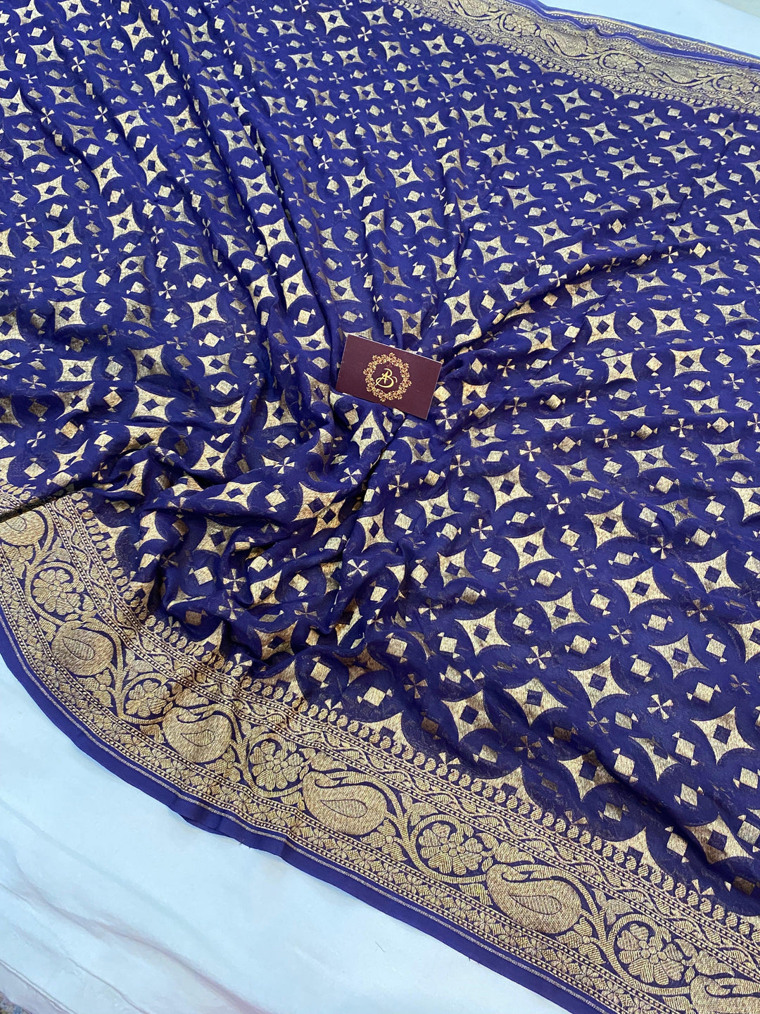 Navy Blue Pure Banarasi Khaddi Georgette Saree - Aura Benaras