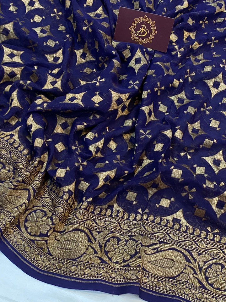 Navy Blue Pure Banarasi Khaddi Georgette Saree - Aura Benaras