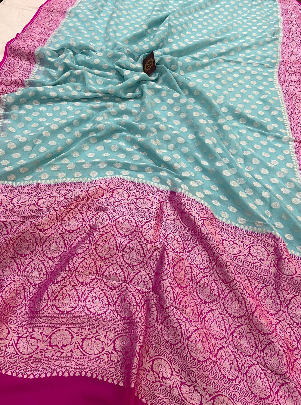 Blue Banarasi Handloom Pure Khaddi Georgette Saree - Aura Benaras