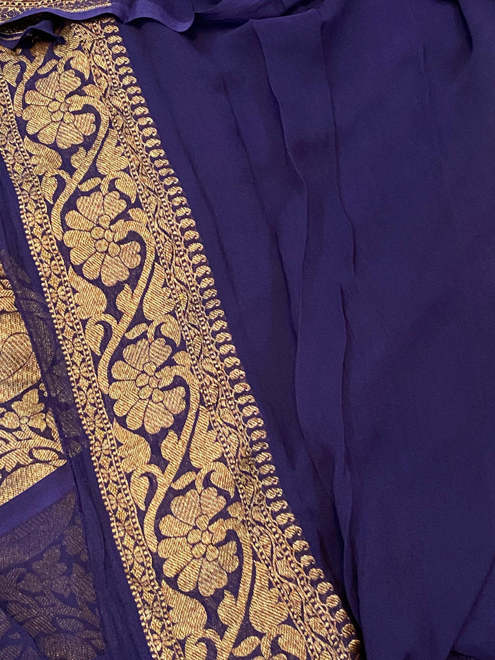 Navy Blue Pure Banarasi Khaddi Georgette Saree - Aura Benaras