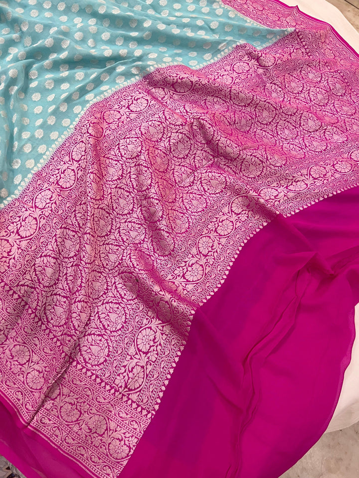 Blue Banarasi Handloom Pure Khaddi Georgette Saree - Aura Benaras