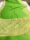 Parrot Green Banarasi Handloom Pure Khaddi Georgette Silk Saree- Aura Benaras