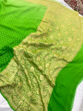 Parrot Green Banarasi Handloom Pure Khaddi Georgette Silk Saree- Aura Benaras